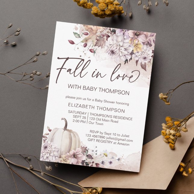 Fall i kärlek pastellpumpor för babydusch för lövb inbjudningar (Fall in love autumn baby shower chrysanthemums pumpkin watercolor foliage invite template )