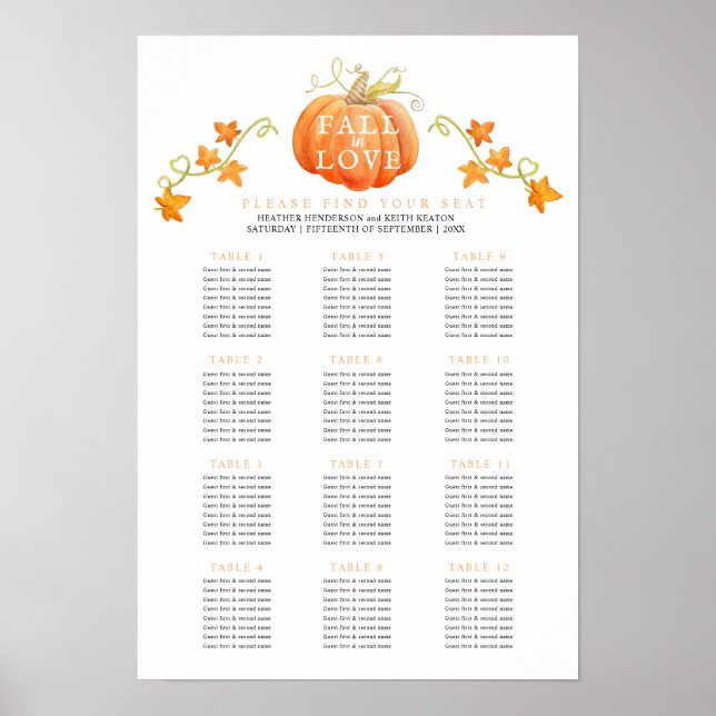 Fall i kärlek pumpkin 12 bröllop bord plan poster (Framsidan)