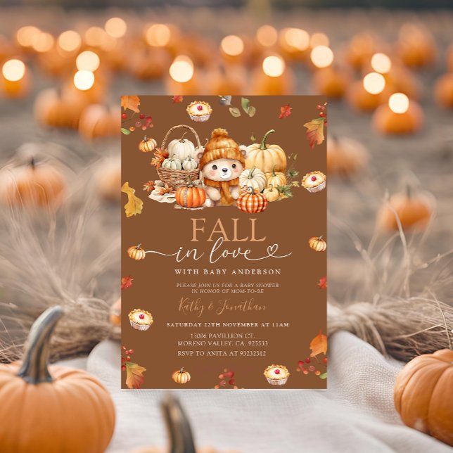 Fall i Kärlek Pumpkin Basket Bear Fall Baby Shower Inbjudningar (Skapare uppladdad)