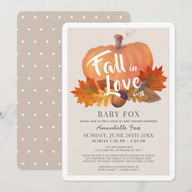 Fall i Kärlek Pumpkin Beige Drive by Baby Shower Inbjudningar (Fram/baksida)