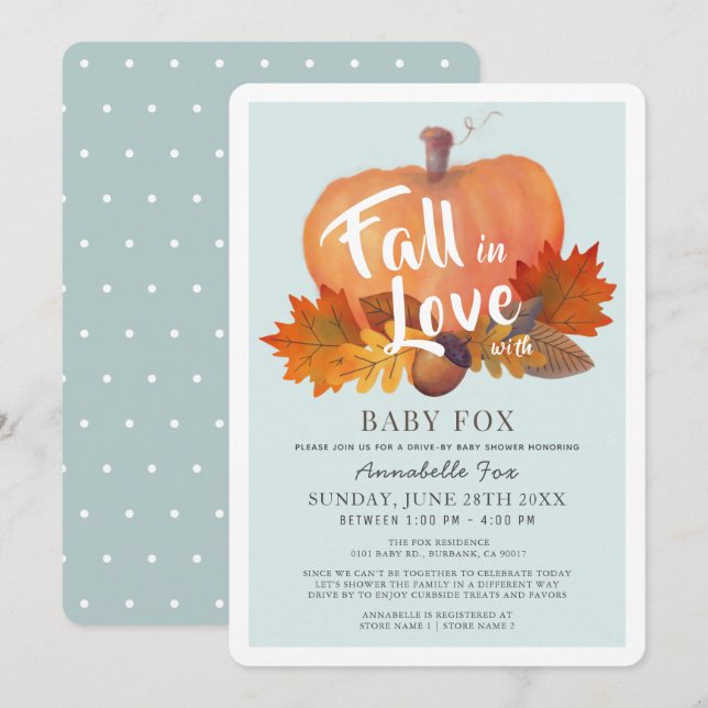 Fall i Kärlek Pumpkin Blue Drive by Baby Shower Inbjudningar (Fram/baksida)