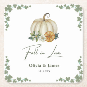 Fall i Kärlek Pumpkin Greenery Sage Grönt Bröllop Underlägg Papper Kvadrat