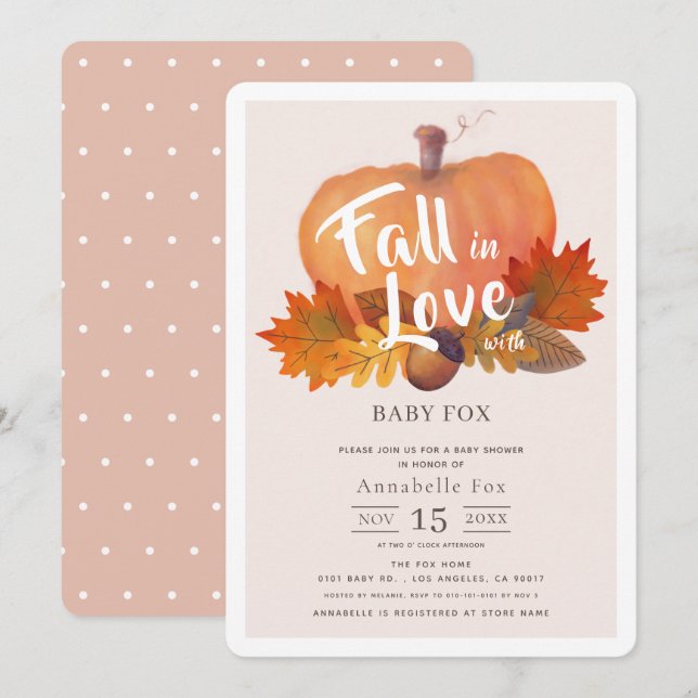 Fall i Kärlek Pumpkin Höst löv Rosa Baby Shower Inbjudningar (Fram/baksida)