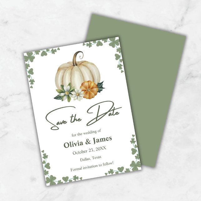 Fall i Kärlek Pumpkin Sage Grönt Bröllop Spara Datumet (Fall in Love Pumpkin Sage Green Wedding Save The Date Card )