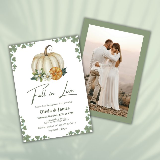Fall i Kärlek Pumpkin Sage Grönt Förlovningsfest Inbjudningar (Fall in Love Pumpkin Sage Green Engagement Party Invitation  )