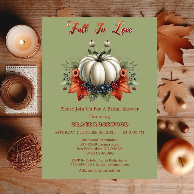 Fall i Kärlek Pumpkins Forest Grönt Möhippa Inbjudningar (Fall In Love Pumpkins Forest Green Bridal Shower Invitation)