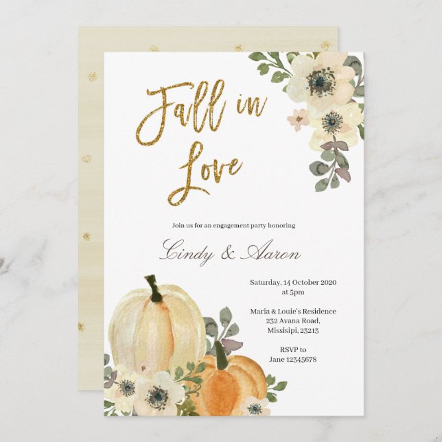 Fall i kärlek-pumprinbjudan till förlovningsfest inbjudningar (Fram/baksida)