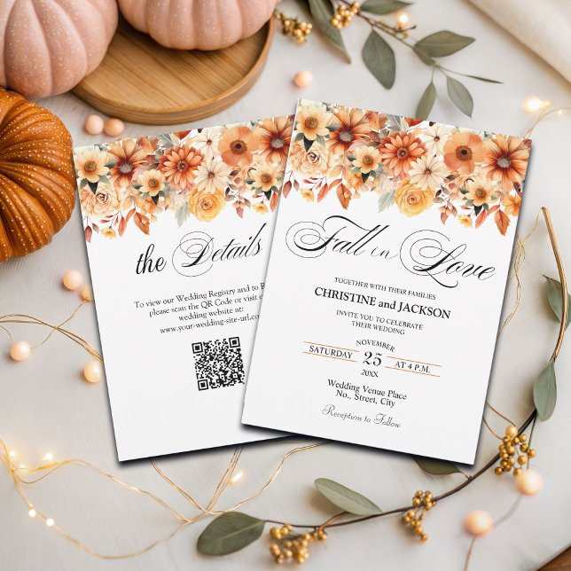 Fall i Kärlek QR-koden Boho Blommigt Bröllop Inbjudningar (Skapare uppladdad)