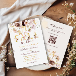 Fall i Kärlek QR-koden Peony & Guld Burgundy Bröll Inbjudningar