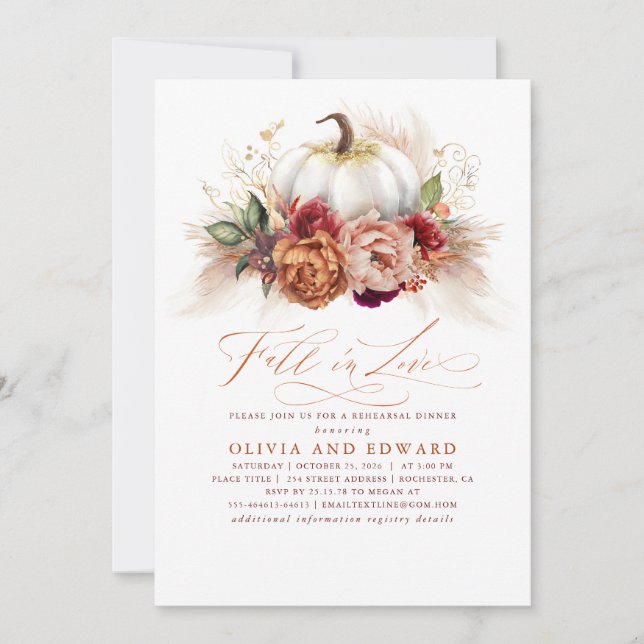 Fall i Kärlek Rehearsal Dinner Rust Flowers Pumpki Inbjudningar (Framsida)