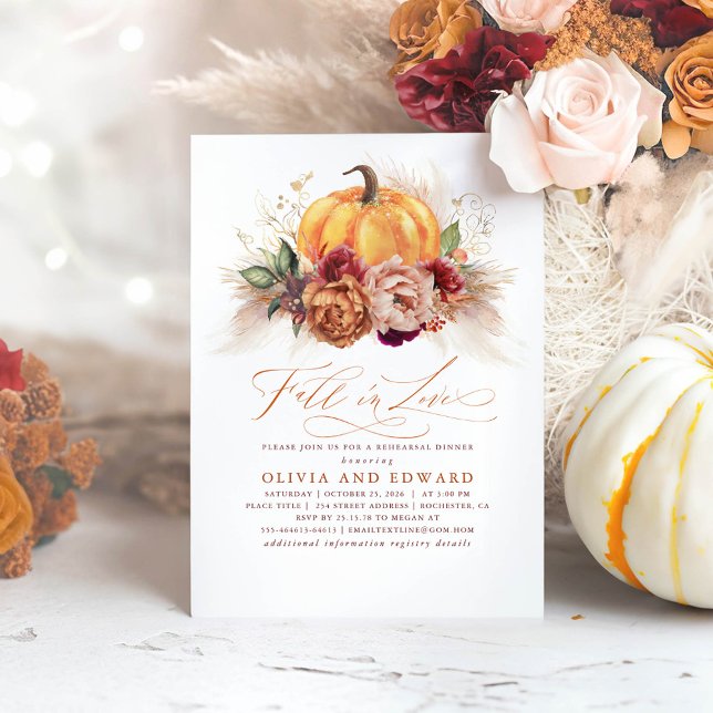 Fall i Kärlek Rehearsal Dinner Rust Flowers Pumpki Inbjudningar (Fall In Love Terracotta Orange Pumpkin Rehearsal Dinner Invitations)