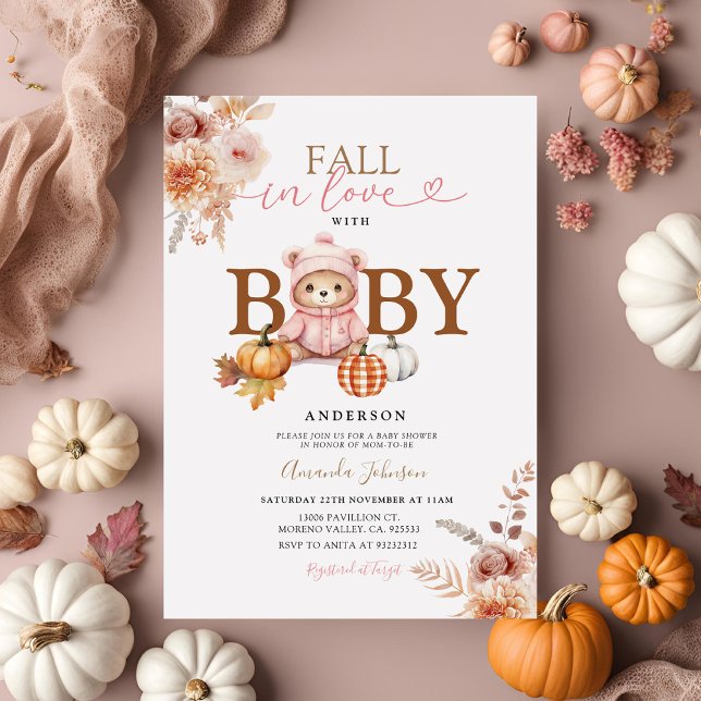 Fall i Kärlek Rosa Girl Girl Gingham Bear Baby Sho Inbjudningar (Skapare uppladdad)