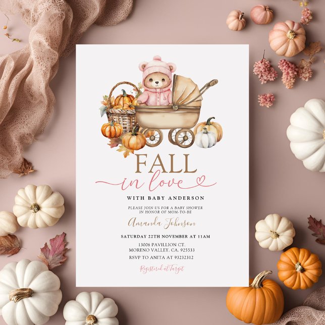 Fall i Kärlek Rosa Girl Girl Gingham Bear Baby Sho Inbjudningar (Skapare uppladdad)