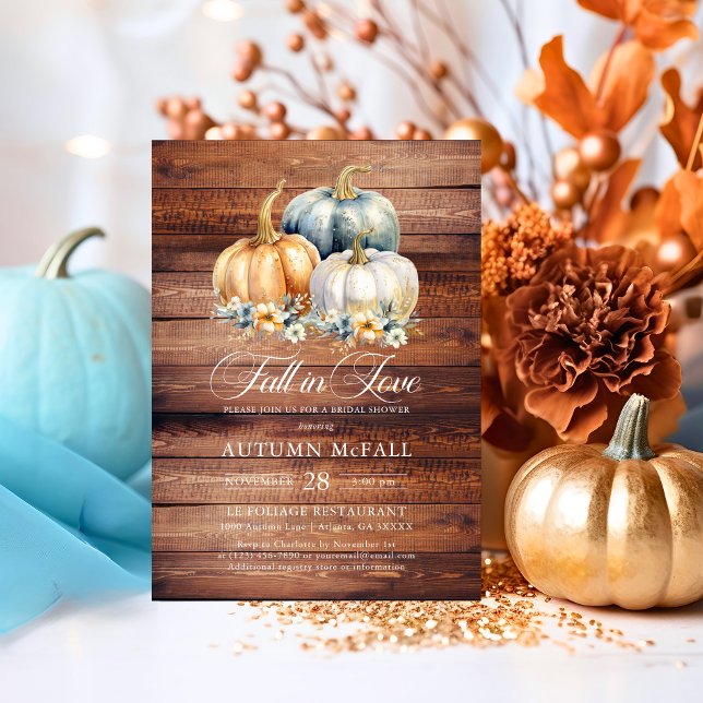 Fall i Kärlek Rustic Möhippa Guld Pumpkins Inbjudningar (Fall in Love Rustic Bridal Shower Gold Pumpkins Invitation)