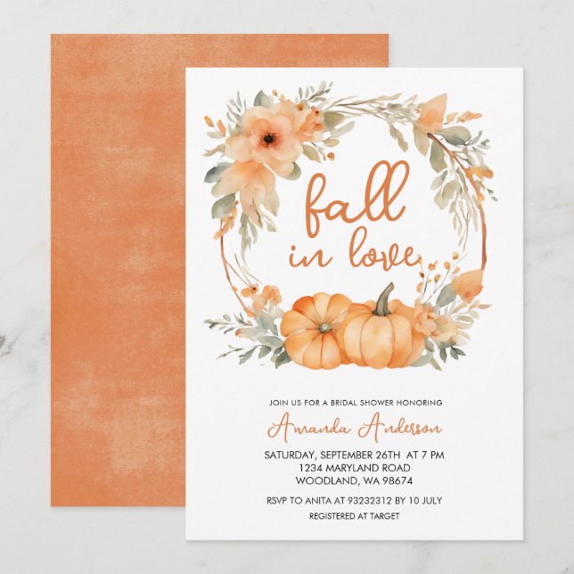 Fall i Kärlek Rustic Orange Pumpkin Möhippa Inbjudningar (Fram/baksida)