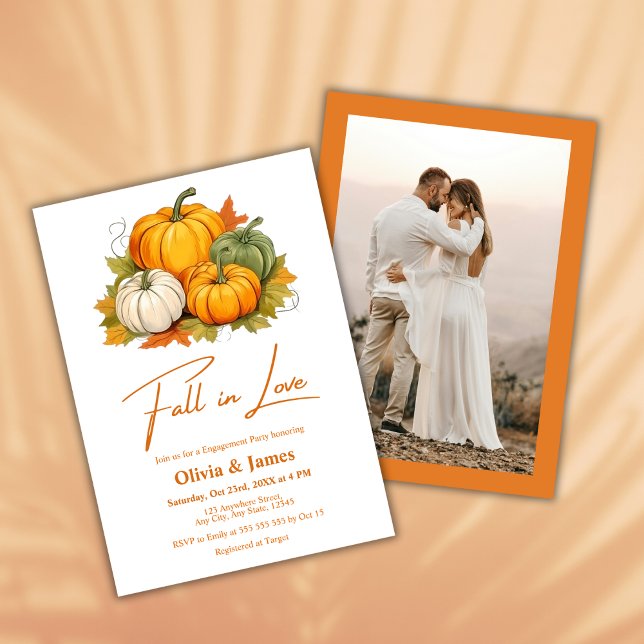Fall i Kärlek Rustic Pumpkin Fall Förlovningsfest Inbjudningar (Fall in Love Autumn Rustic Pumpkin Fall Engagement Party Invitation    )