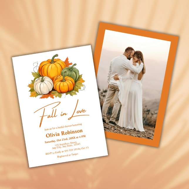 Fall i Kärlek Rustic Pumpkin Photo Möhippa Inbjudningar (Fall in Love Autumn Rustic Pumpkin Photo Bridal Shower Invitation  )