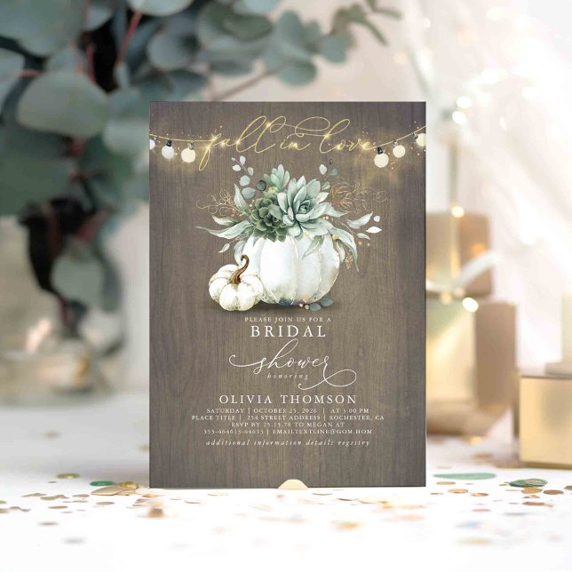 Fall i Kärlek Succulents Pumpkins Möhippa Inbjudningar (Fall in Love - Succulents Greenery Pumpkins Bridal Shower Rustic Invitations)