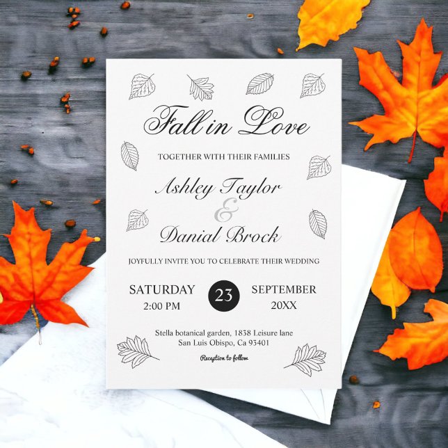Fall i Kärlek, svart och vitt Löv, hösten Bröllop Inbjudningar (Skapare uppladdad)