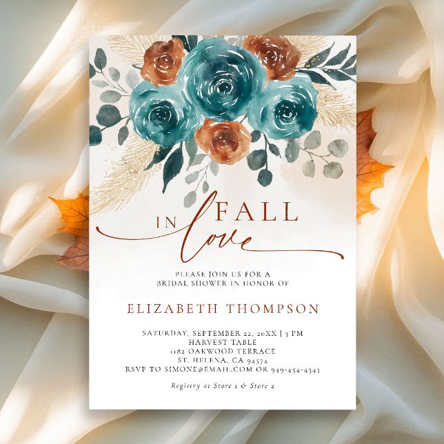 Fall i Kärlek Teal Burnt Orange Boho Möhippa Inbjudningar (fall in love bridal shower invitation teal burnt orange terracotta watercolor floral botanical earth)