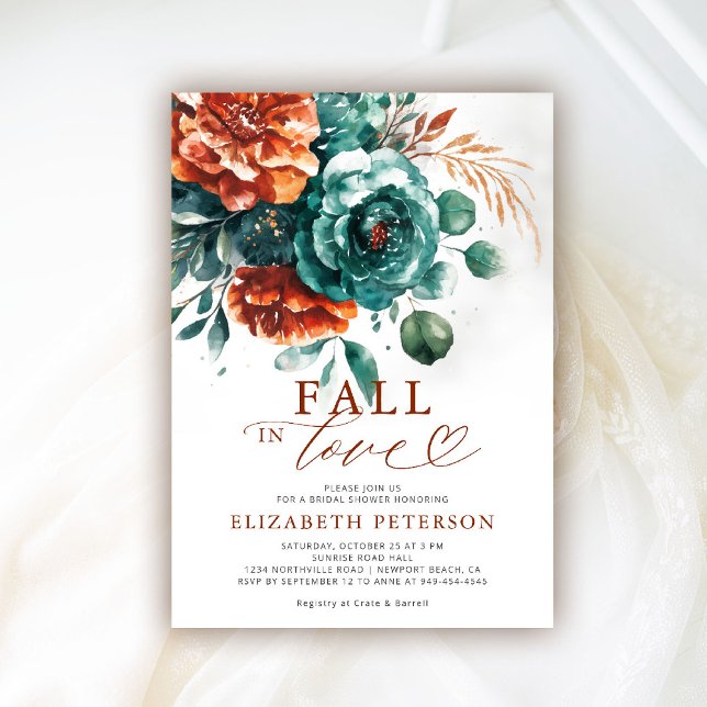 Fall i Kärlek Teal Terracotta Boho-Möhippan Inbjudningar (fall in love bridal shower invitation teal burnt orange terracotta watercolor floral pampas boho)