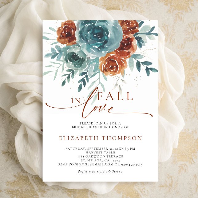 Fall i Kärlek Teal Terracotta Boho-Möhippan Inbjudningar (fall in love bridal shower invitation teal burnt orange terracotta watercolor floral botanical class)