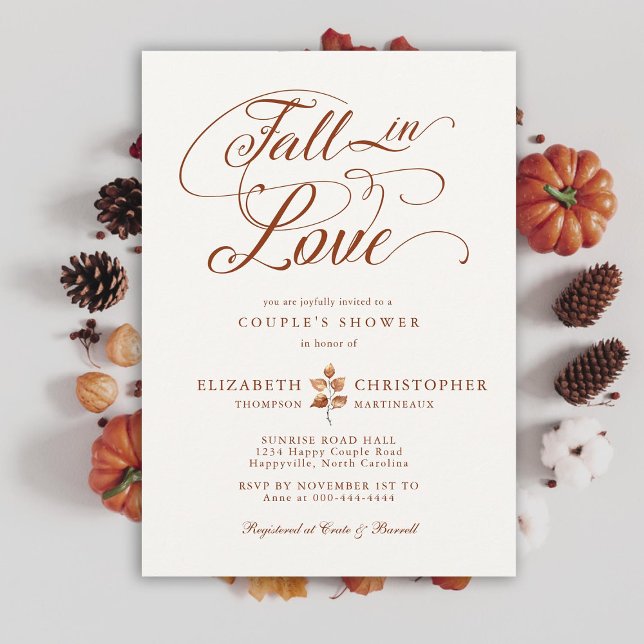 Fall i Kärlek Terracotta Hösthösten Löv par Shower Inbjudningar (fall in love couple wedding shower invitation romantic calligraphy terracotta elegant rustic boho)