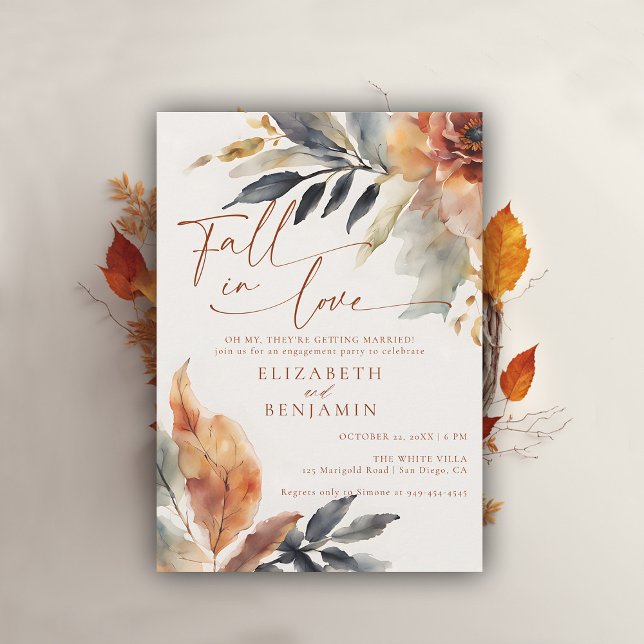 Fall i Kärlek Terracotta Löv Förlovningsfest Inbjudningar (fall engagement party invitation rustic leaves foliage floral botanical frame elegant backyard barn)