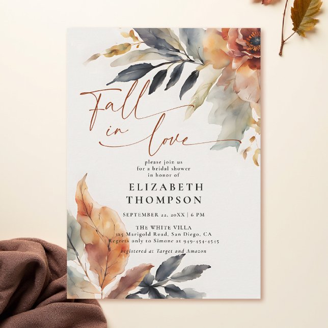 Fall i Kärlek Terracotta Lövs Duo Möhippa Inbjudningar (fall bridal shower invitations botanical foliage terracotta burnt orange leaves watercolor)