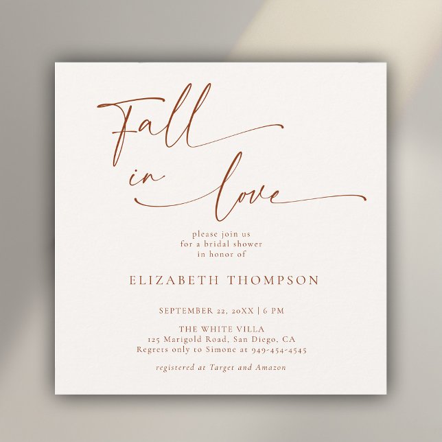 Fall i Kärlek Terracotta Minimalistisk Möhippa Inbjudningar (fall in love bridal shower invitation modern minimalist calligraphy typography terracotta)