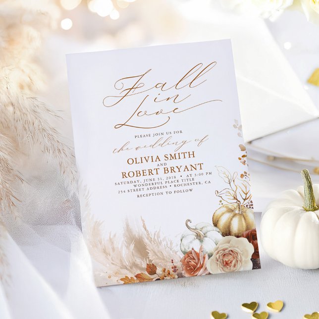 Fall i Kärlek Terracotta och Guld Pumpkins Bröllop Inbjudningar (Pumpkins Fall In Love Terracotta Wedding Invitations)