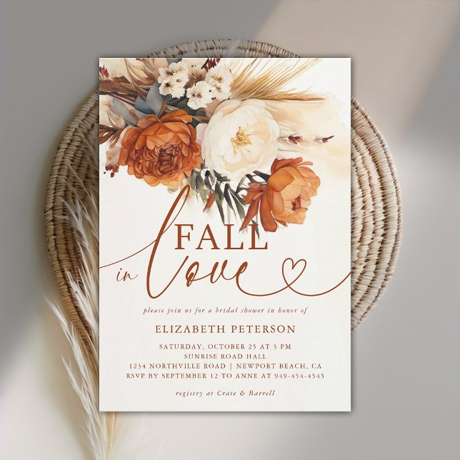 Fall i Kärlek Terracotta Pampas Boho Möhippa Inbjudningar (fall in love bridal shower invitation boho pampas floral botanical terracotta burnt orange)