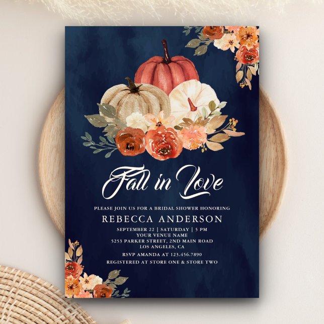 Fall i Kärlek Terracotta Pumpkin Navy Möhippa Inbjudningar (Skapare uppladdad)