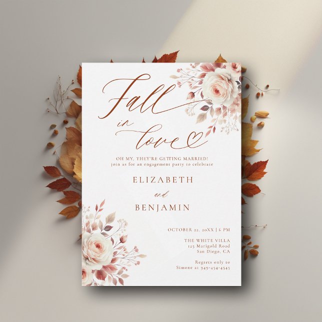 Fall i Kärlek Terracotta Ro Förlovningsfest Inbjudningar (fall engagement party invitation rustic rose foliage floral botanical frame elegant modern backyard )
