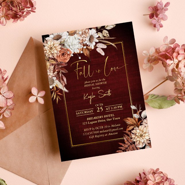 Fall i kärlek torkad brun ro-möhippa inbjudningar (Fall in love terracotta brown dried roses fall themed bridal shower template invitation  download)