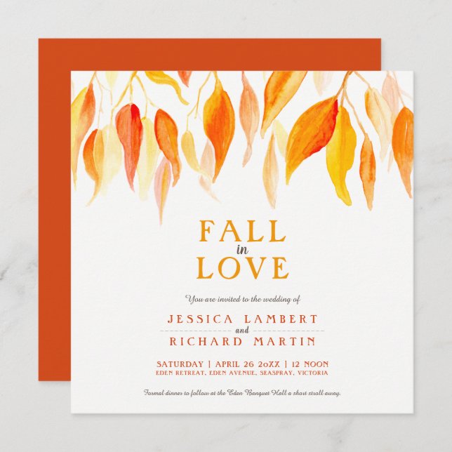 Fall i kärlek vattenfärgen orange löv bröllop inbjudningar (Fram/baksida)