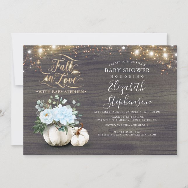 Fall i Kärlek White Pumpkin Rustic Baby Shower Inv Inbjudningar (Framsida)