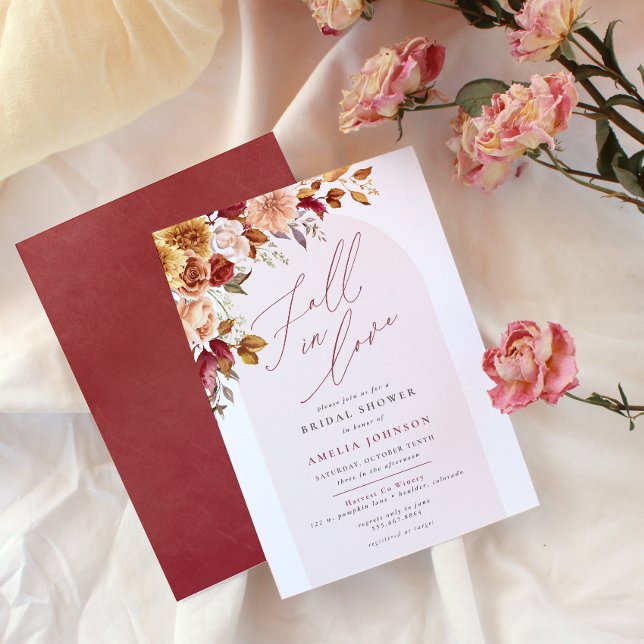 Fall i Möhippan Blommigt i Kärlek Elegant Inbjudningar (Fall in Love floral bridal shower invitation, watercolor flower corner border, script, modern)