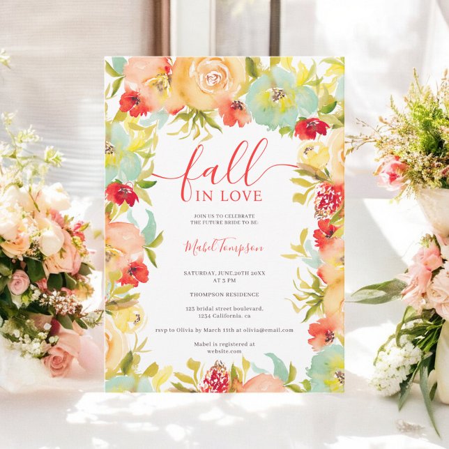 Fall i möhippan för röd blommigt i kärlek inbjudningar (Fall in love red floral watercolor bridal shower invitation)