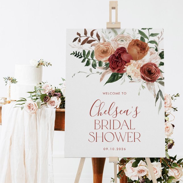 Fall i välkomstsignalen för Möhippa i Kärlek Poster (Fall in Love Bridal Shower Welcome Sign. Floral sign)