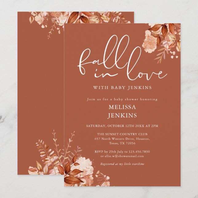 Fall in i Kärlek Rustic Blommigt Höstbabystövel fö Inbjudningar (Fram/baksida)