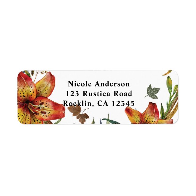 Fall in Kärlek Blommigt Orange Lilies & Löv Hösten Returadress Etikett (Framsidan)