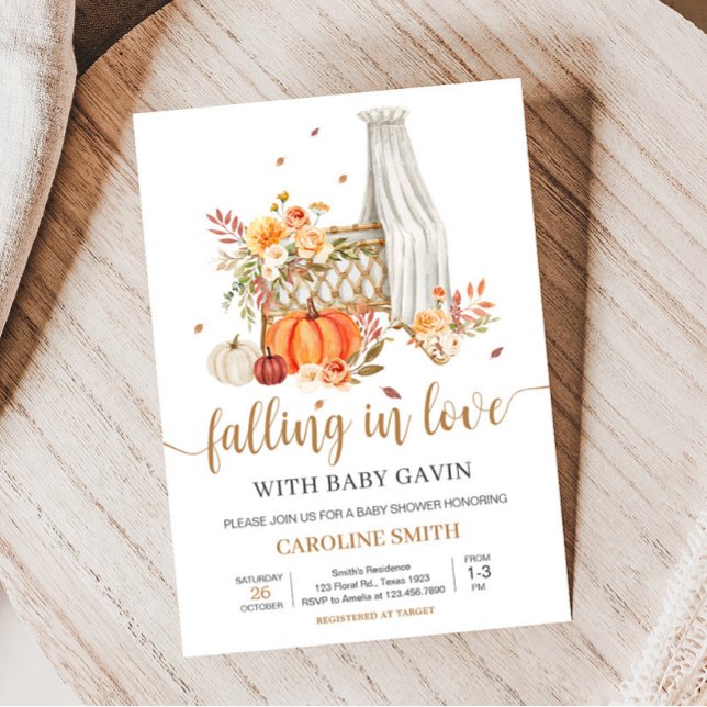 Fall in Kärlek Orange Pumpkin Baby Shower Inbjudningar (Fall Floral Pumpkin Baby Shower Invitation)