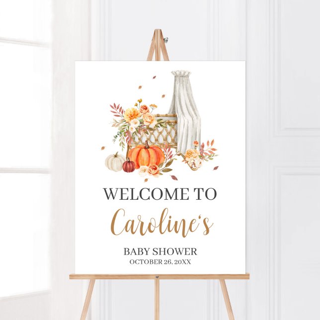 Fall in Kärlek Orange Pumpkin Välkommen Baby Showe Poster (Fall Floral Pumpkin Baby Shower Welcome Sign)