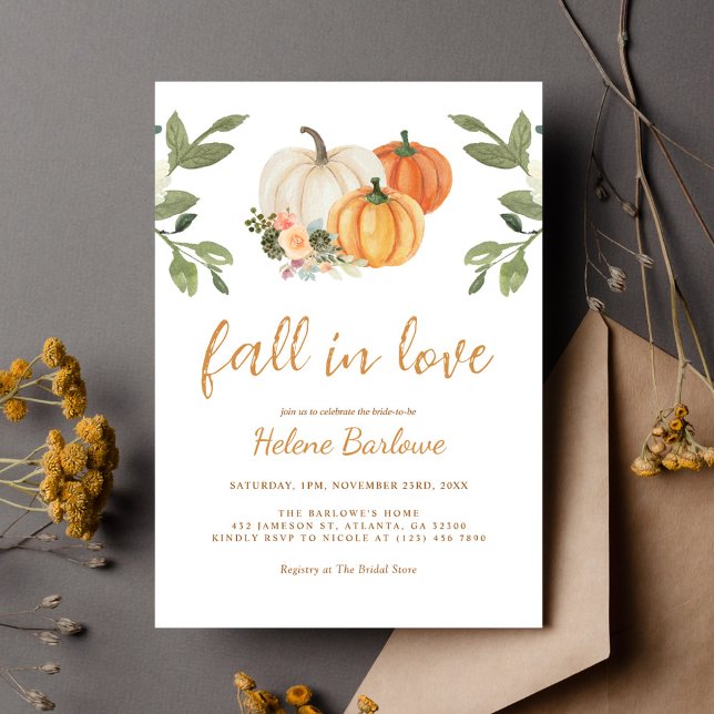 Fall in Kärlek Pumpkin Blommigt Möhippa Inbjudningar (Fall In Love Pumpkin Floral Bridal Shower Invitation)