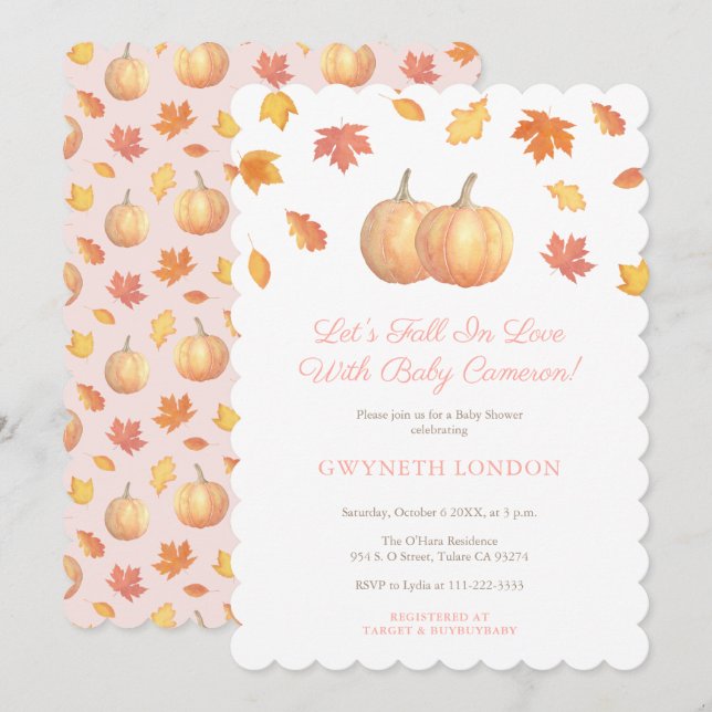 Fall in Kärlek Pumpkin Löv Baby Shower for Girl Inbjudningar (Fram/baksida)