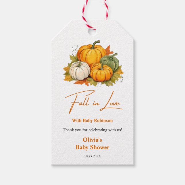 Fall in Love Autumn Rustic Pumpkin Baby Shower  Presentetikett (Framsidan)
