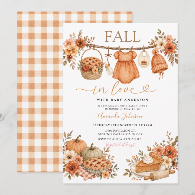 Fall in Love Baby Shower Inbjudan Pumpapaj  (Fram/baksida)