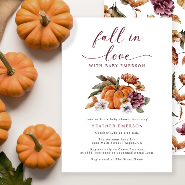 Fall In Love Baby Shower Inbjudningar (A Little Pumpkin Is On The Way Baby Shower Invitation Fall Autumn Watercolor Floral)