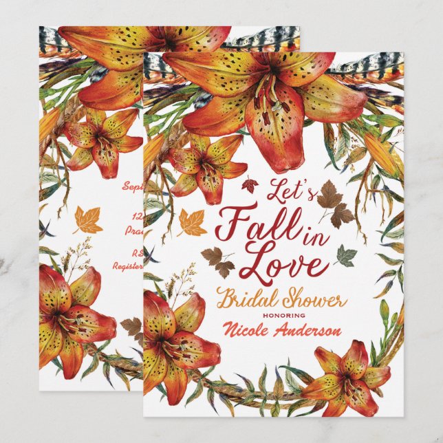 FALL IN LOVE Blommande Orange Liljor Bröllopsdusch Inbjudningar (Fram/baksida)